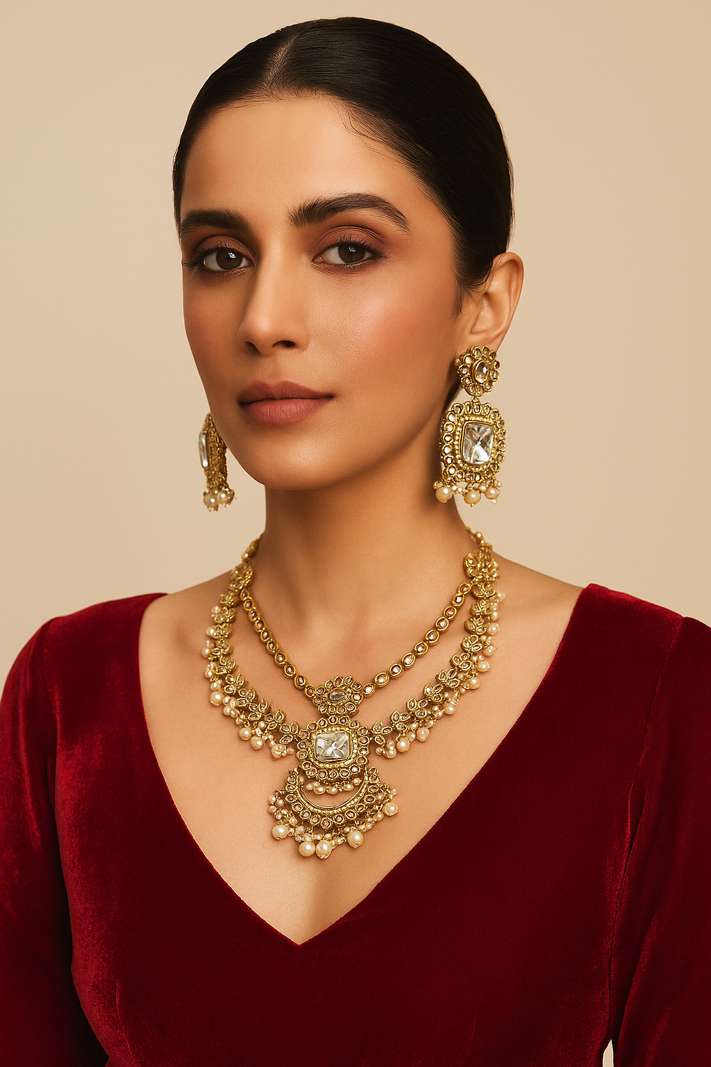 Antique Pearl Kundan Necklace Set with Dual Layer Design